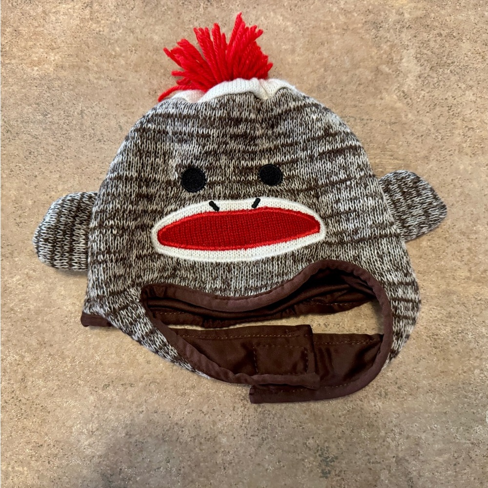 Adorable Brown and Red Sock Monkey Hat for Kids, Size 18-24M